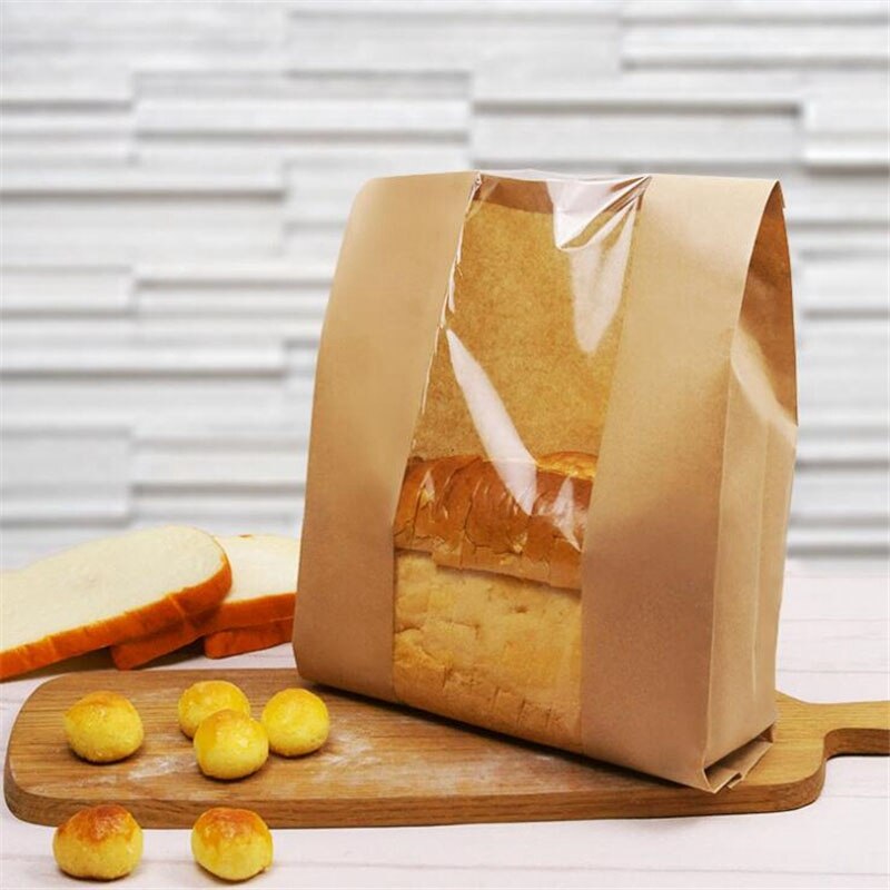 50Pcs Kraft Paper Bread Clear Avoid Oil Packing Toast Window Bag Baking Takeaway Food Package Cake Bag Party