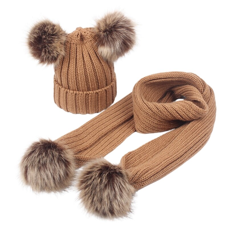 Småbarn barn vinter varm ribbad stickad mössa med lång halsduk set enfärgad söt dubbel pom pom öron manschett skalle mössa: Kaki