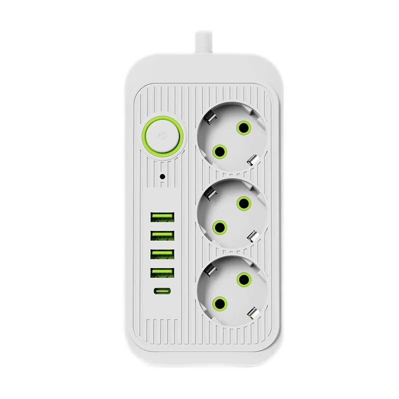 EU-Stecker-Steckdosenleiste, 3 AC-Steckdosen, 2 m Verlängerungskabel, Steckdose mit 4 USB-Anschlüssen, 1 PD-Anschlüsse, Schnelllade-Multiprise-Netzwerkfilter: green