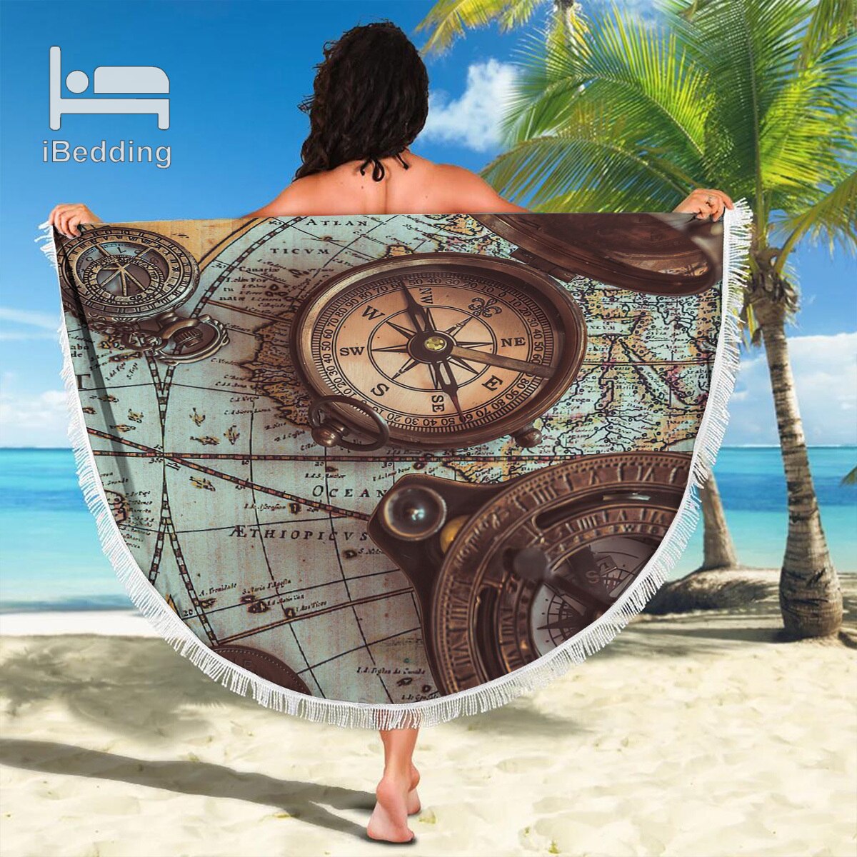 3D Vintage Monde L'île Carte du Monde Couverture de Plage En Microfibre Imprimé 150cm Serviette de Plage Ronde avec Des Glands POD Directe: 2021042455