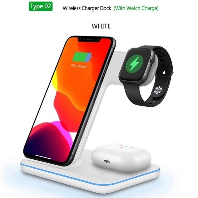 3 in 1 15W Wireless Charger Stand for iPhone 11 X XS XR 8 Qi Quick Charge Dock Station For Apple Watch Series 5/4/3 AirPods Pro: 15W White