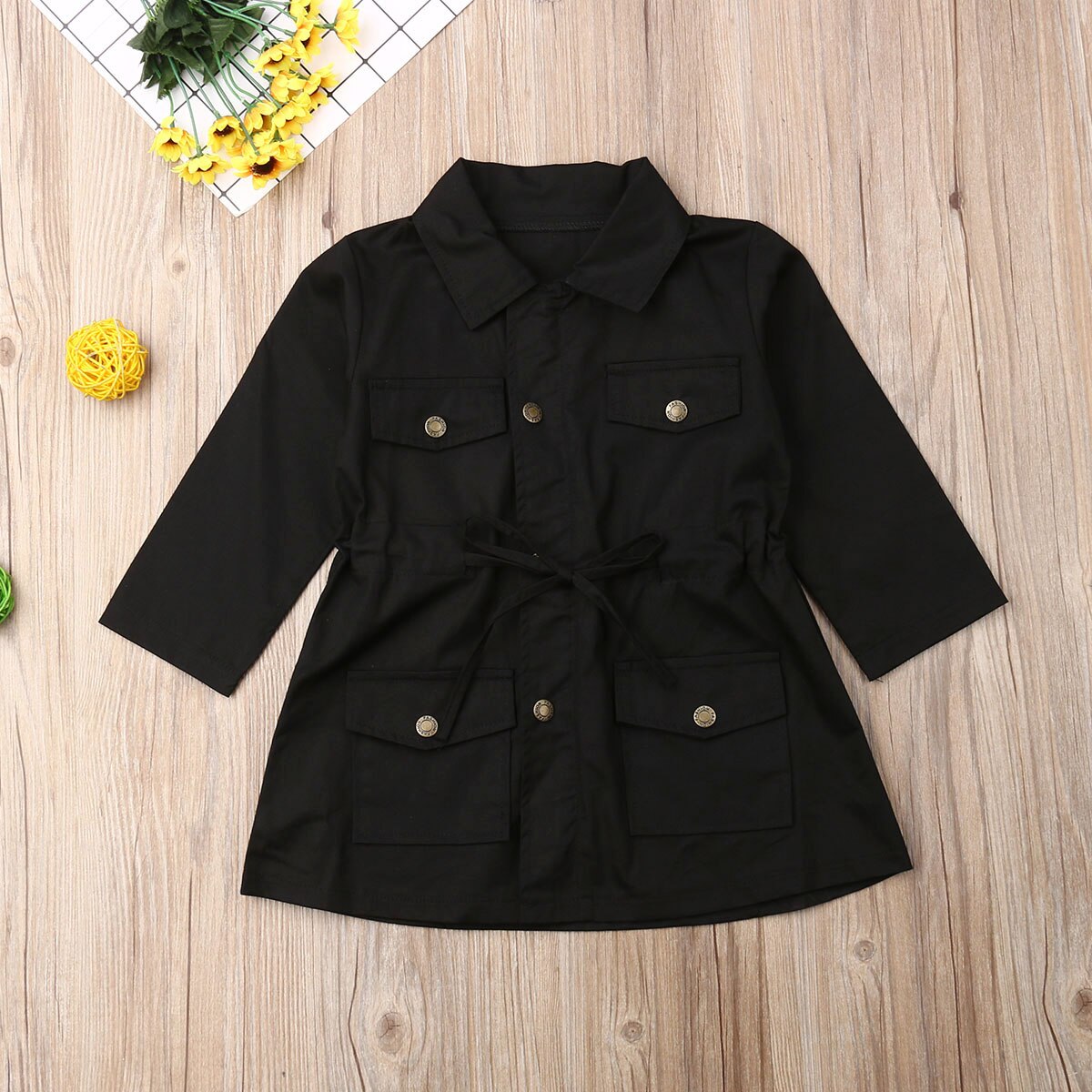 niños niñas otoño solapa cuerno manga larga cortavientos niño Casual abrigos ropa: Negro / 7 años