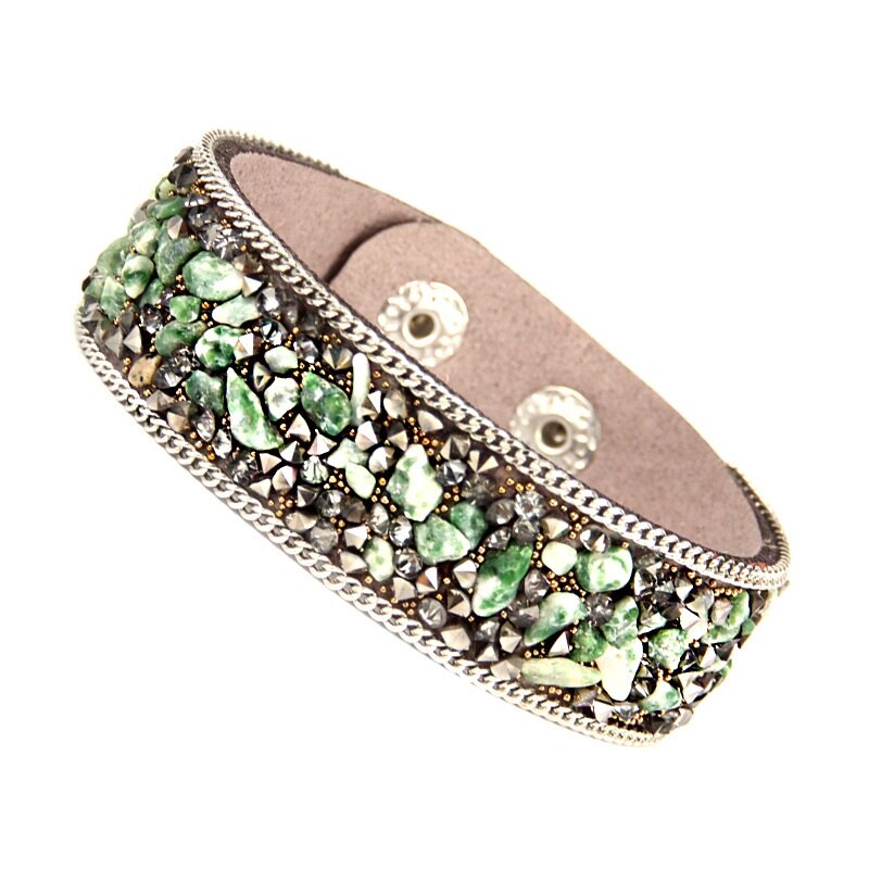 Pulsera de cuero con incrustaciones exageradas para mujer, brazalete con piedras naturales rotas de colores, joyería Unisex: green