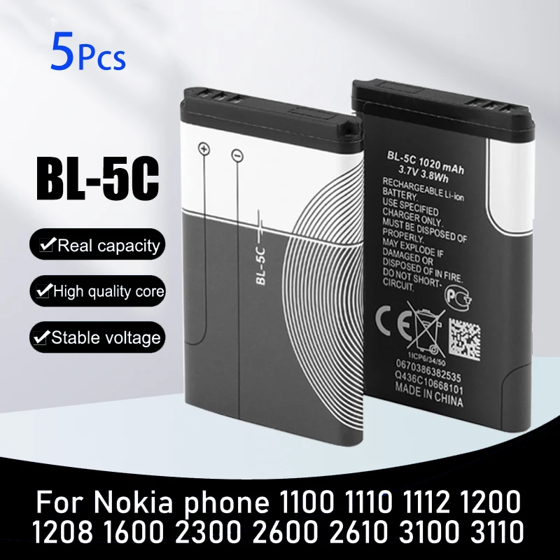1/10pz 3.7V 1020mAh BL-5C BL5C BL 5C Batteria Batterie Ricaricabili per Nokia 2112 2118 2255 2270 2280 2300 2600 2610 3125 3230: oro