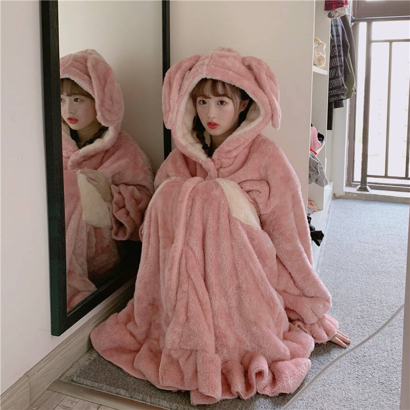 Women Robes Rabbit Ear Sweet Lovely Heart Bow Coral Fleece Home Soft Wear Females Leisure Chic Trendy Warm Bathrobe Lounge