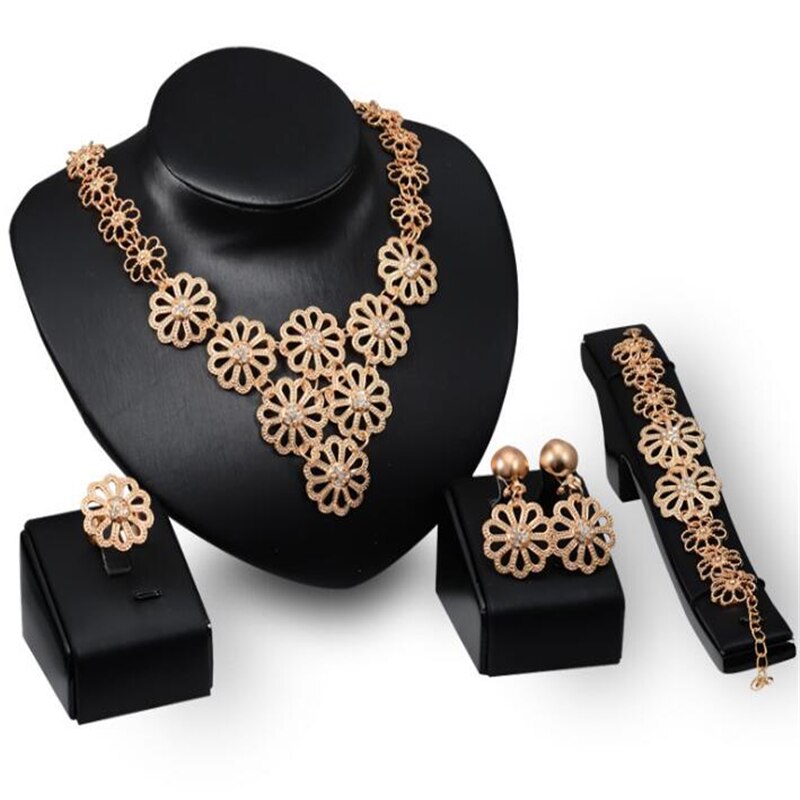 Dubai Gold Jewelry Sets for Women Bridal Jewelry Flower Chocker Necklace Earrings Wedding Bridesmaid Jewelry Sets: Default Title