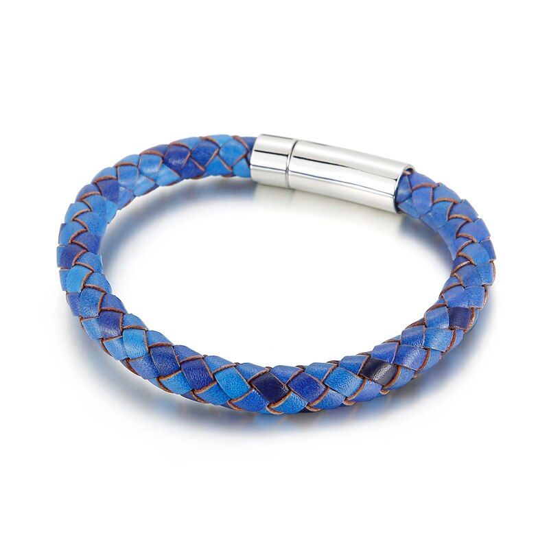 Handgemaakte Sieraden Heren Rvs Sluiting Bruin Blauwe Kleur 8Mm Lederen Koord Gevlochten Armband 215Mm