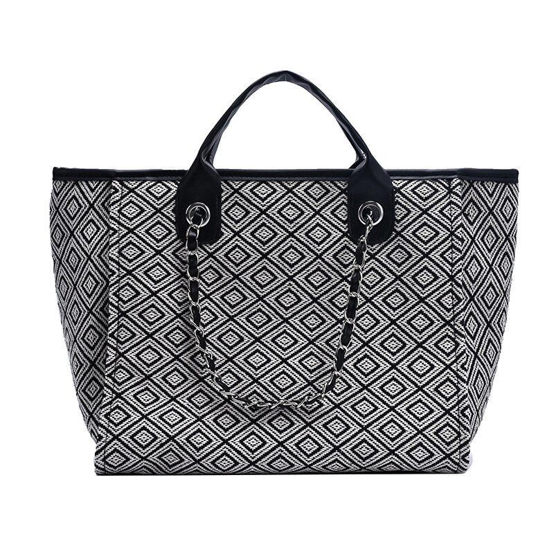 Canvas Women Large Capacity Tote Bags Prints Shopping Bags Ladies Chain Shoulder Bag: Diamond Black