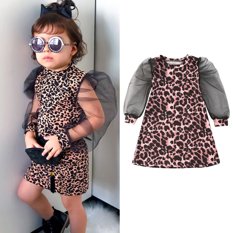 1-6Y vestido de para niñas pequeñas vestido estampado de leopardo largo de encaje Puff manga hasta la rodilla vestido de línea a