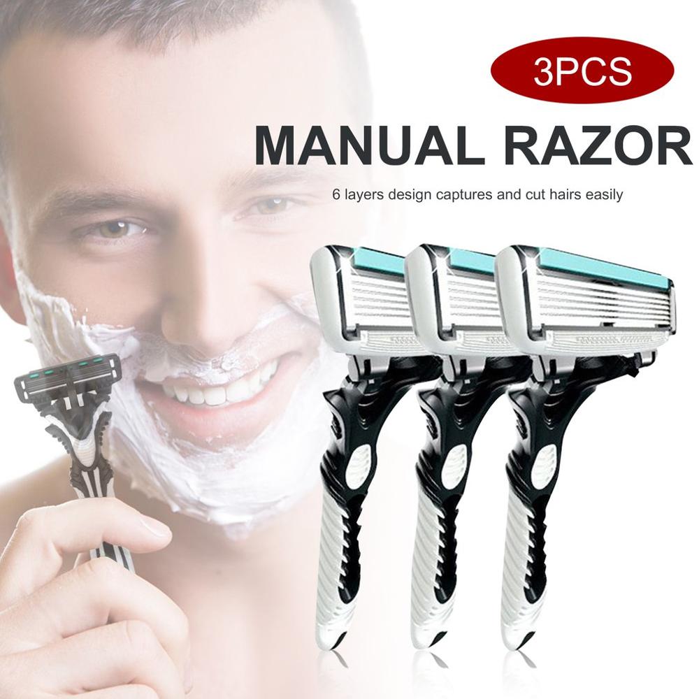 6 Layers Shaving Hair Blade Razor 3Pcs Men Safety Traditional Classic Manual Stainless Steel Shaving Hair Blade