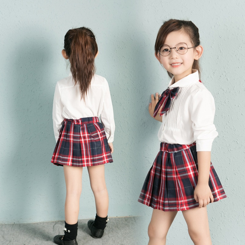 Primary school and middle school uniforms Style Solid Color Shirt + Plaid Skirt Two Piece Style Uniform