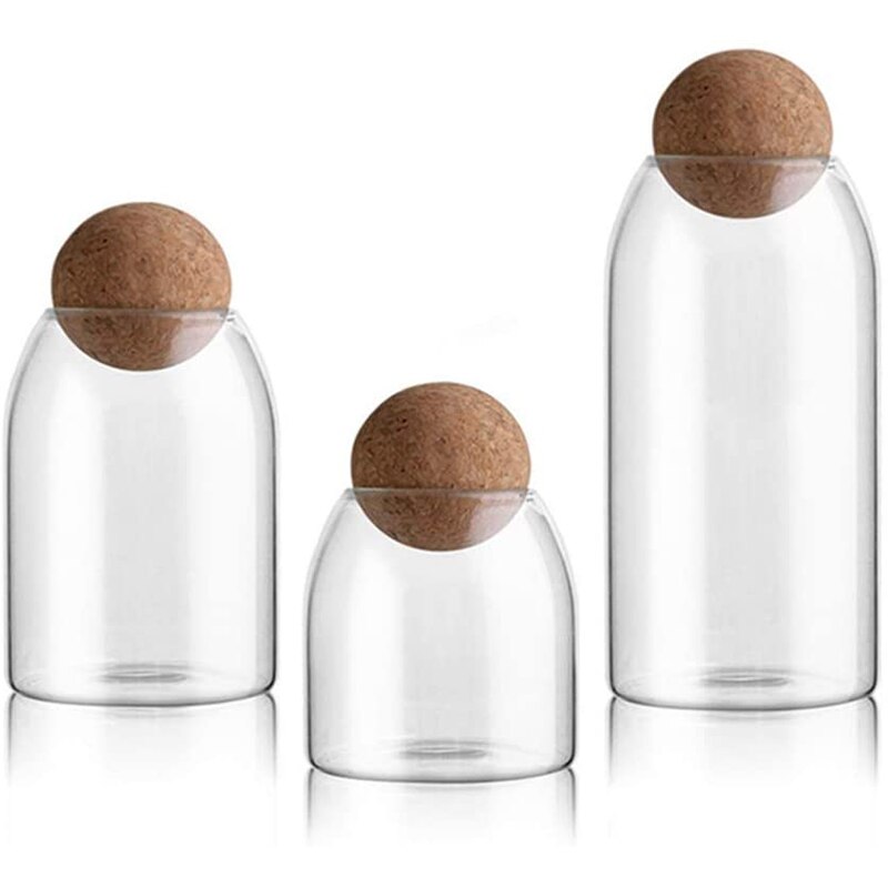 3Pcs Glazen Potten Met Luchtdichte Afdichting Bal Kurk Deksel Clear Cookie Potten Mason Potten Voedsel Opslag Bus Voor Thee koffie Spice