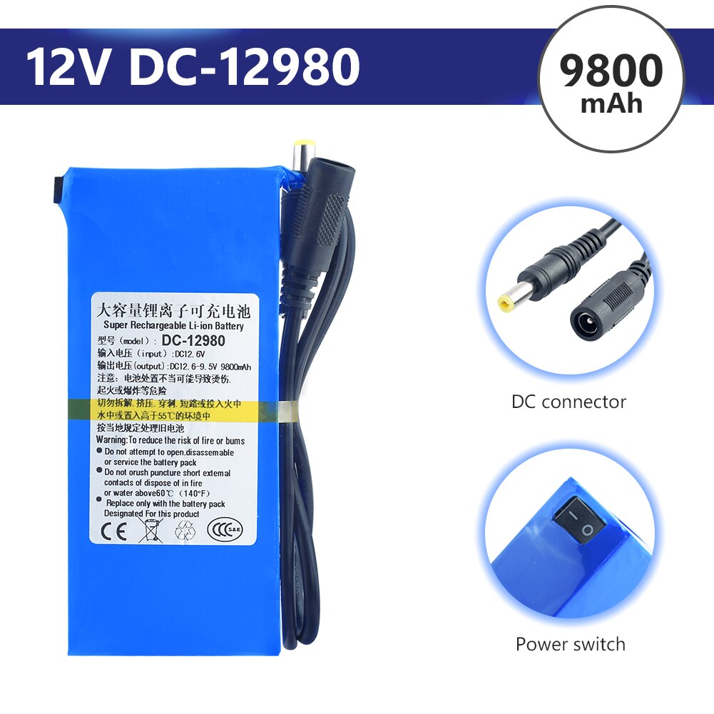 Li-ion Battery DC 12 V 12.6V Rechargeable Lithium Ion Battery Pack + On/Off Switch Bms 4800/6800/8000/9800/15000/20000mAh: DC-12980