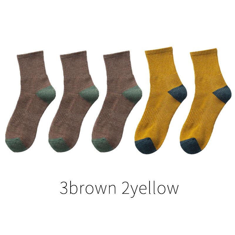 5 paar japanse katoenen herensokken dikke badstof lange sokken heren zakelijke herfst winter warme sokken calcetines meias: 3 bruin 2 geel