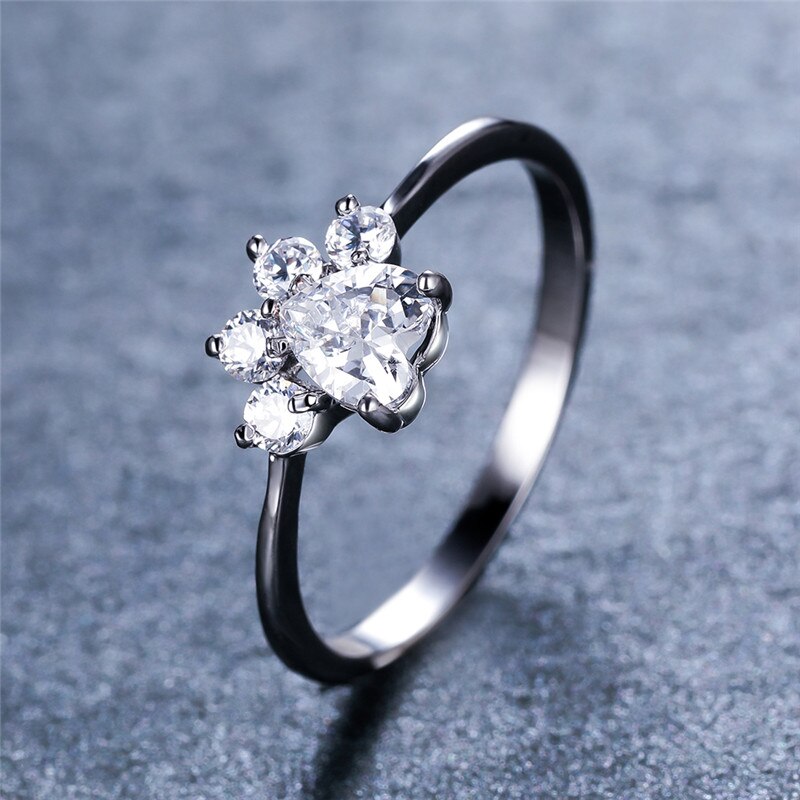 Sød kat pote hund klo ring hvid zirkon hjerte sten ringe til kvinder bryllup smykker vintage sølv farve dyre fodspor ring