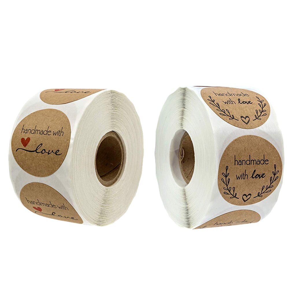 500x Round Kraft Handmade With Love Stickers Cookies Food Adhesive Labels