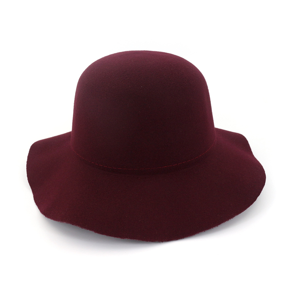 Retro Autumn Church cap For Women Bucket caps Soft Wide Brim Wool Felt Bowler Fedora Hat Floppy Cloche Women&#39;s Large Hat HF142: wine red