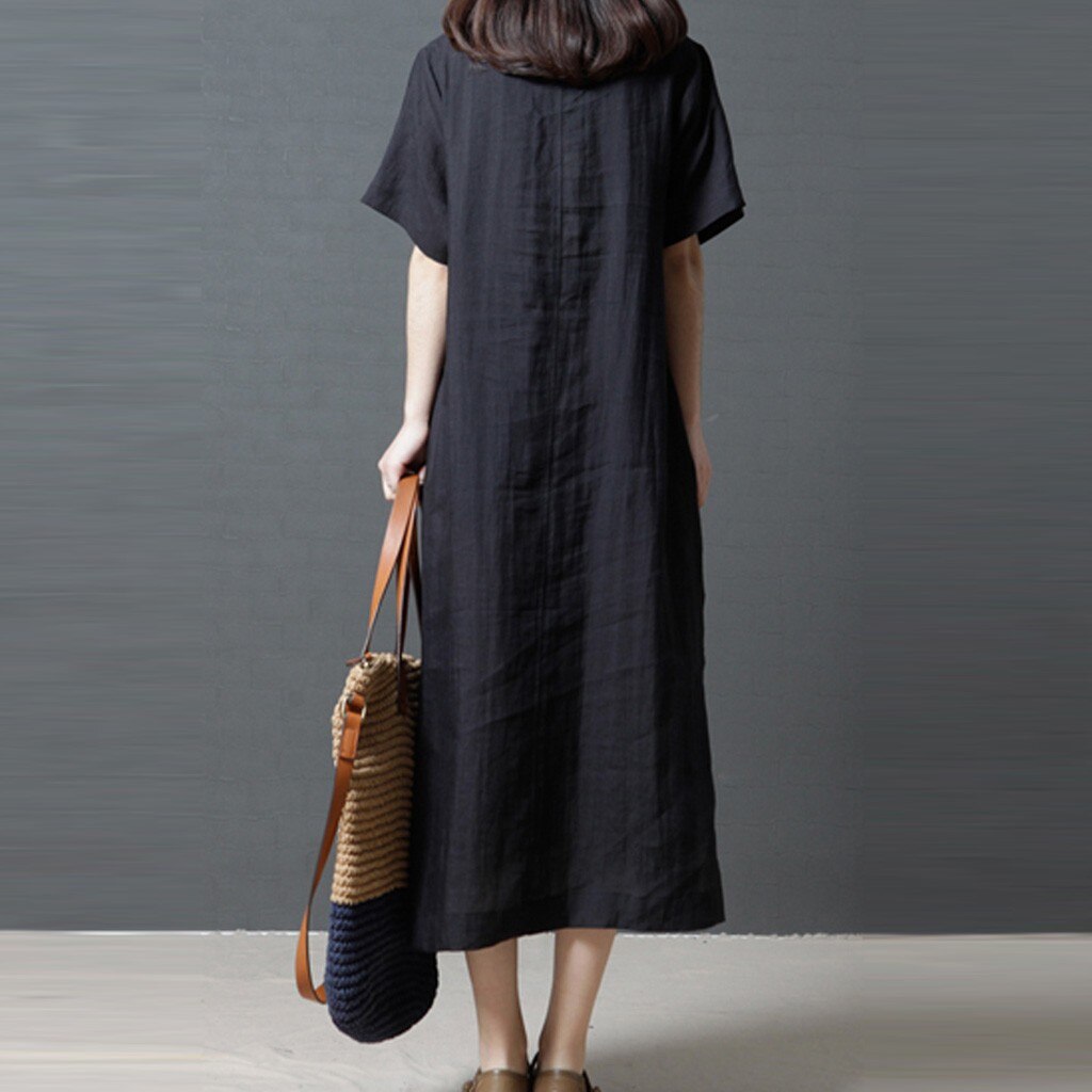 Women Black Big Size Dress Women Plus Size Loose Large Casual Dress Retro cotton and linen Tennis dress