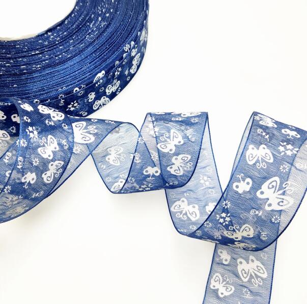 5 meters/partij 25mm Cartoon Vlinder Linten Gedrukt Organza Lint Tape voor Handwerken DIY cadeaupapier Decoratie: NAVY