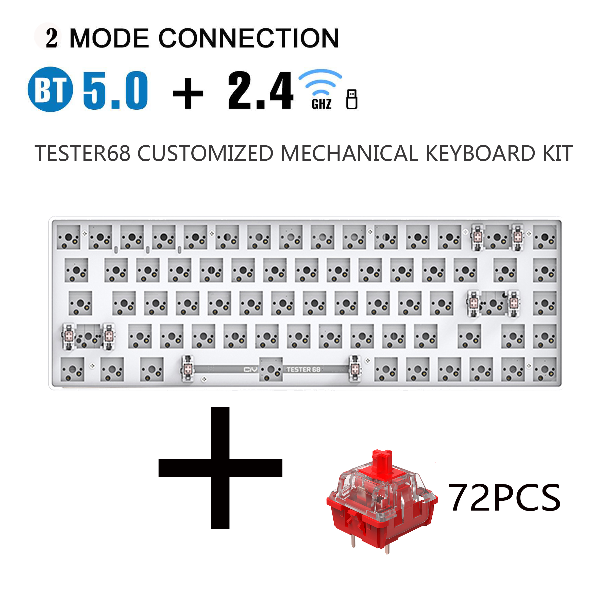 TESTER68 – Kit de clavier mécanique sans fil, Bluetooth 2.4G, 2 modes de jeu, 60%, pour interrupteur 3 broches/5 broches: White.switch