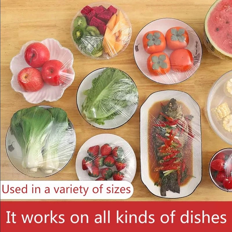 50 stuks wegwerp voedselafdekkingen van plastic folie, voedselveilige plastic zakjes voor fruit en groenten, elastische plastic zakjes, keukenorganizer