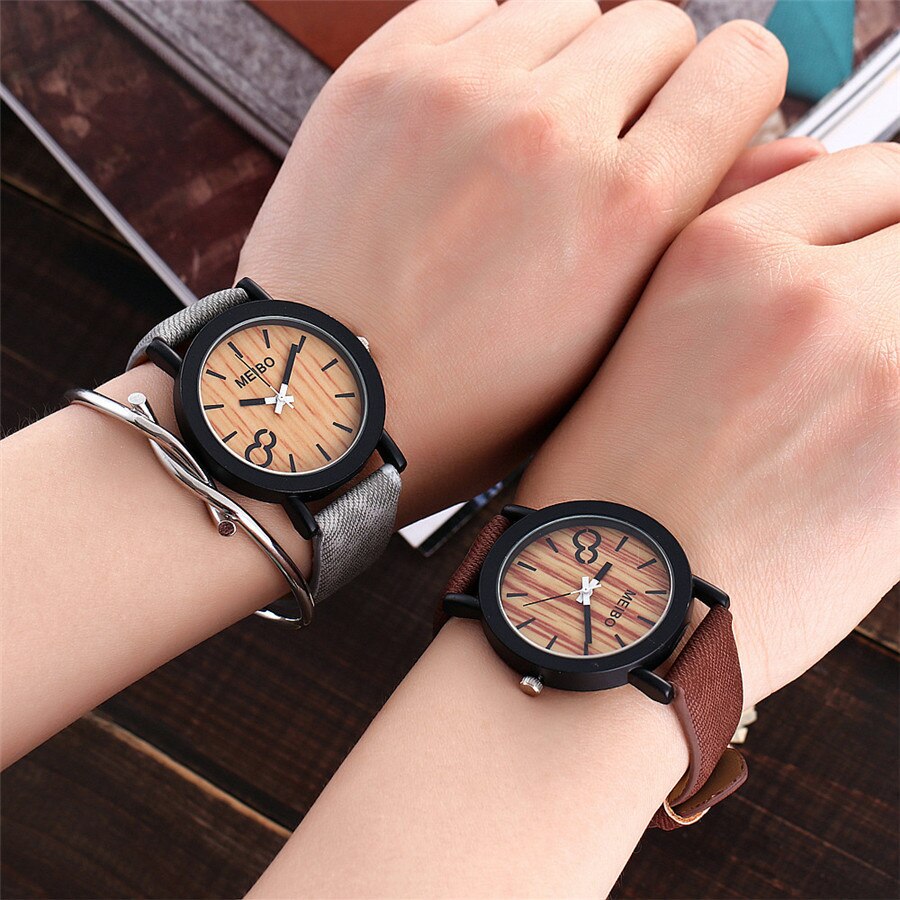 MEIBO Modeling Wooden Quartz Mens Watch Casual Wooden Color Leather Watch Wristwatch Clock