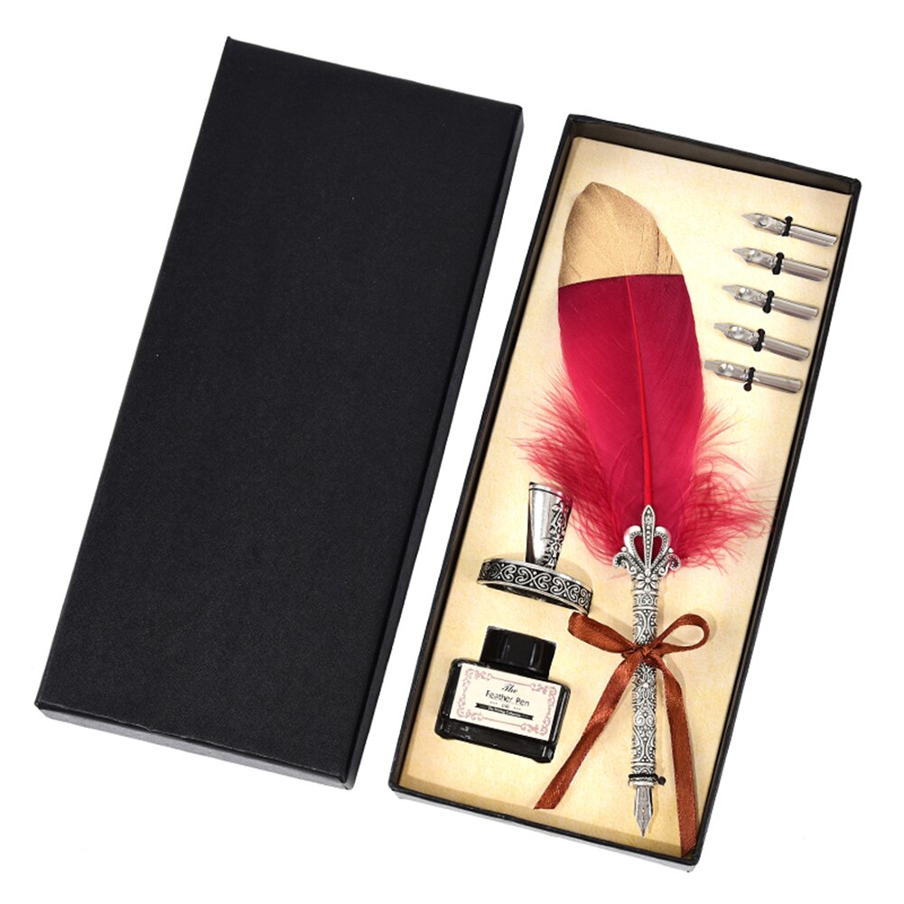 Vintage Calligraphy Feather Dip Pen Pen Handle 2/5 Nib Writing Ink Set Quill Fountain Pen Writing Set Birthday: 5 Nibs Wine Red