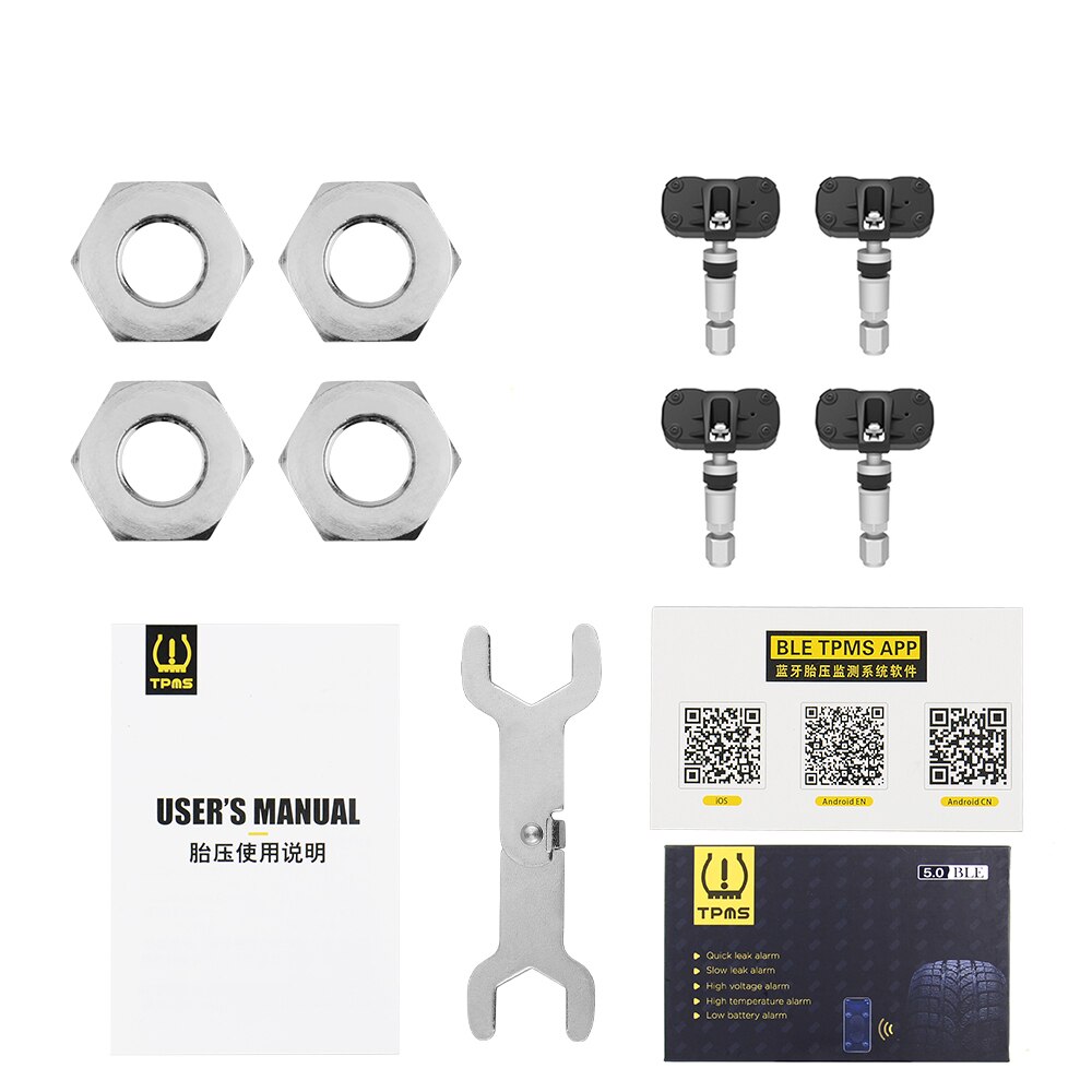 Bluetooth 5.0 tpms  v4.0 bildekktrykkmonitorsystem med 4 sensorer for ios android mobiltelefonapp overvåkingsalarm: 5.0i n