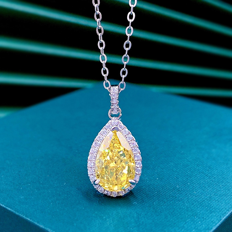 OEVAS 100% 925 Sterling Silver 8*12mm Yellow Water High Carbon Diamond Pendant Necklace For Women Sparkling Fine Jewelry