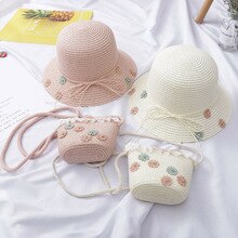 Local stock Baby Kid Beach Bucket Breathable Cap Straw Sun Hat+Shoulder Handbag Straw Bag AU