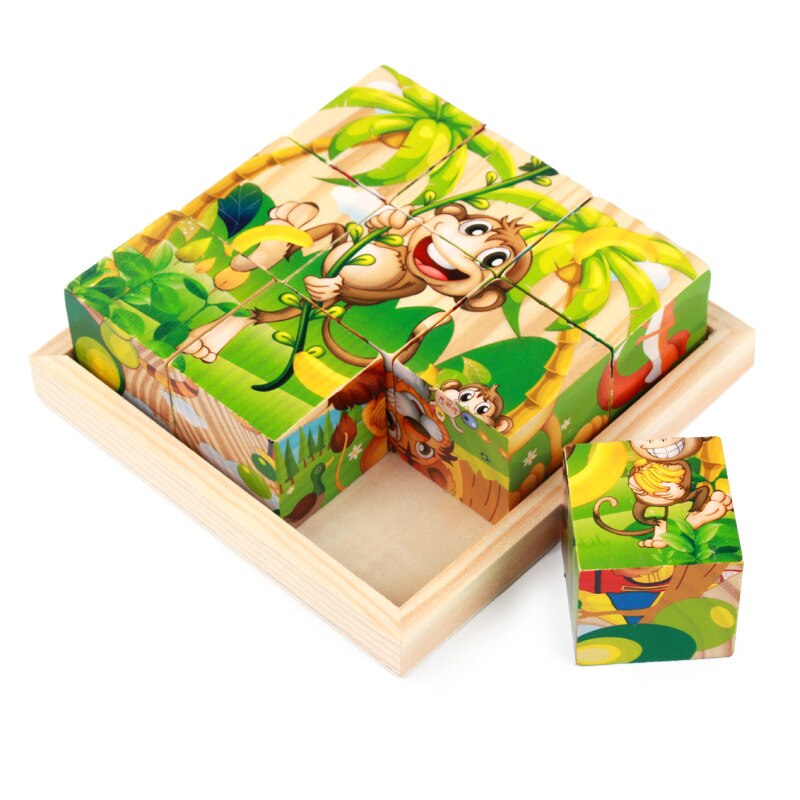 1PC Kinder Cartoon Holz Neun Blöcke Sechs-seitige Weisheit 3D Tier Würfel Puzzle Spielzeug für Kinder Bildungs baby Spielzeug