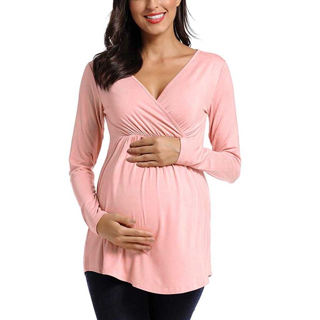 Women's Maternity Long Sleeve Button Multifunctional V-Neck Solid Top Breastfeeding Top одежда для кормления: Pink / S