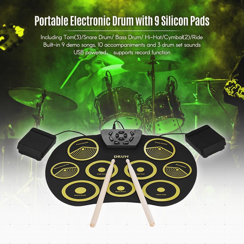 Juego de batería electrónica portátil, Kit de batería enrollable, 9 almohadillas de silicona alimentadas por USB con pedales de pie, baquetas, Cable USB