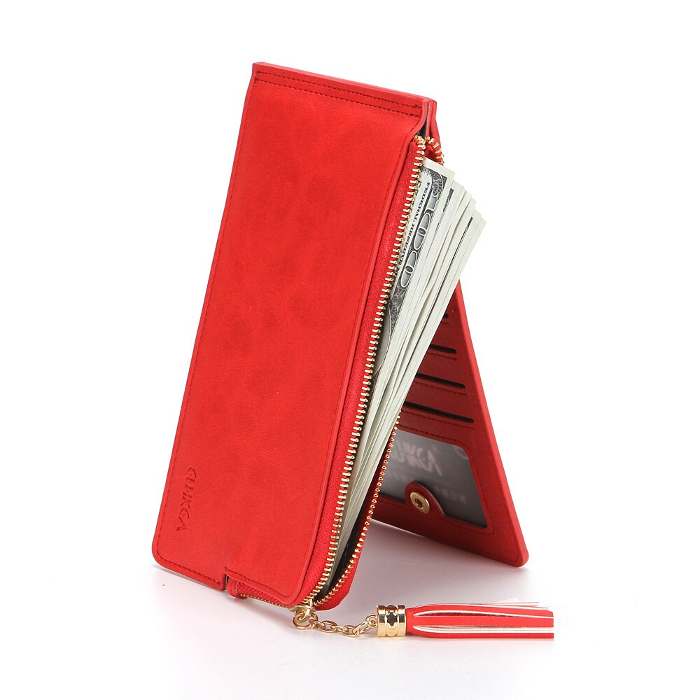 CUIKCA Women Wallet Purse Clutch Handbag Makeup Mirror Bag Nubuck Leather Zipper Wallet Coin Female Wallet ID Card Holder Case: red