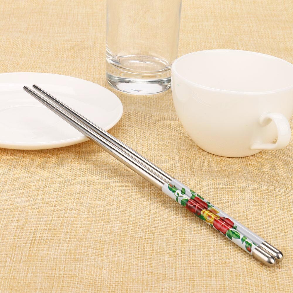 Ätpinnar kinesiska naturliga japanska ätpinnar set 1 par längd vit blommönster rostfritt stål ätpinnar par