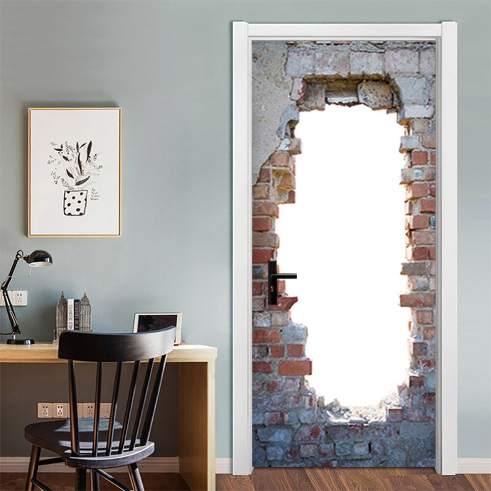2 unids/set simulación agujero pegatina la puerta y pared casa decoración madera papel impermeable póster de renovación Puerta de papel pintado calcomanías