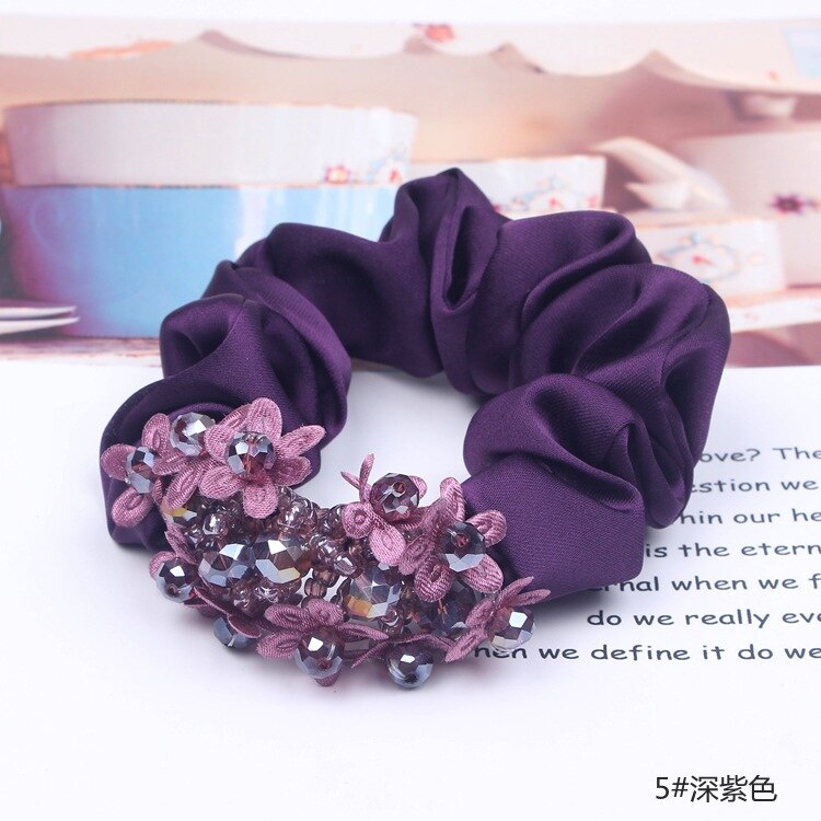 Vrouwelijke Elegante Kralen Armband Crystal Haarband Satijnen Doek Dikke Darm Ring Dikke Hoofd Rop Zuid-korea Haaraccessoires: 5  Deep Purple