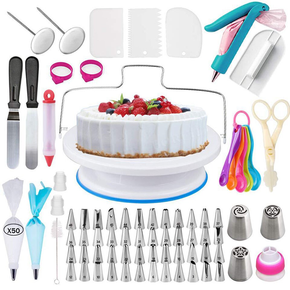 122Pcs Cake Decorating Supplies Kit with Turntable Stand Frosting Bags Tools Measure Spoons Icing Cake Leveler Scraper