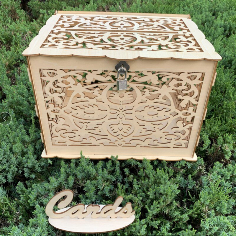 Hollow DIY Wedding Wooden Box Wedding Supplies DIY Couple Deer Bird Flower Pattern Grid Business Card Wooden Box