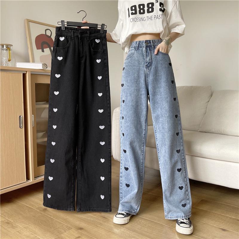 Jean Vintage imprimé en forme de cœur pour femme, pantalon en Denim, à jambes larges, droit, ample, à la , Y2K, Harajuku, automne hiver