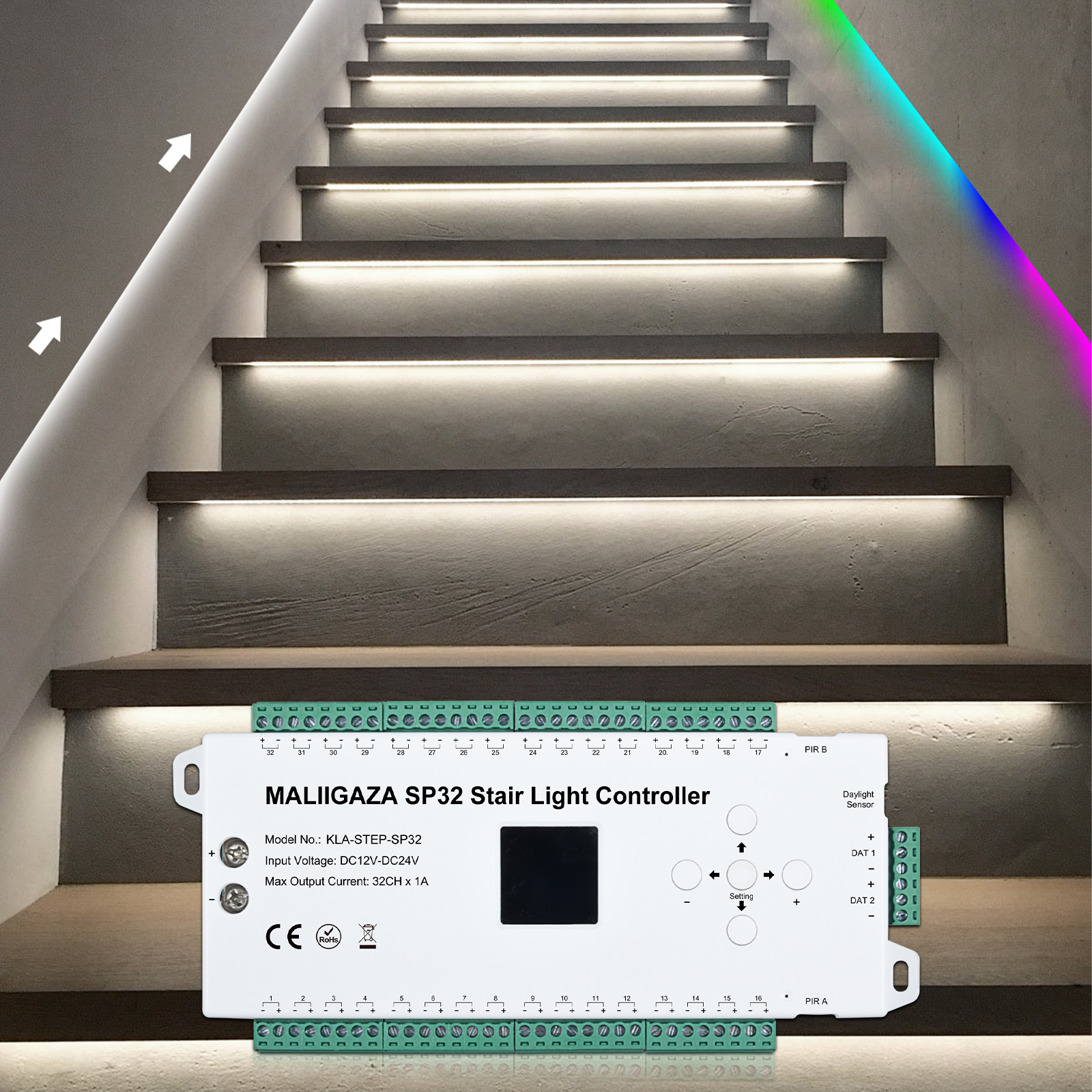 Controlador LED de escalera con Sensor de movimiento, tira de luces LED de paso de escalera de 12V y 24V, tira de luces de píxeles laterales, iluminación de escalera interior de 1-32 pasos