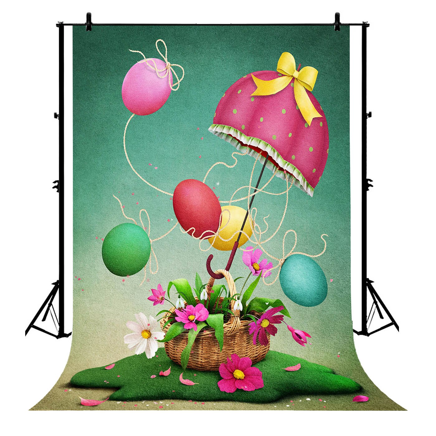 5x7ft Pasen Eieren Henneptouw Bloemen Mand Groen Gras Polyester Foto Achtergrond Portret Achtergrond