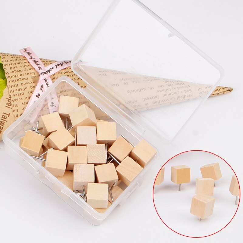 30 Pcs Wooden Thumbtack Quadrate Decorative Drawing Push Pins Wood Head 090F