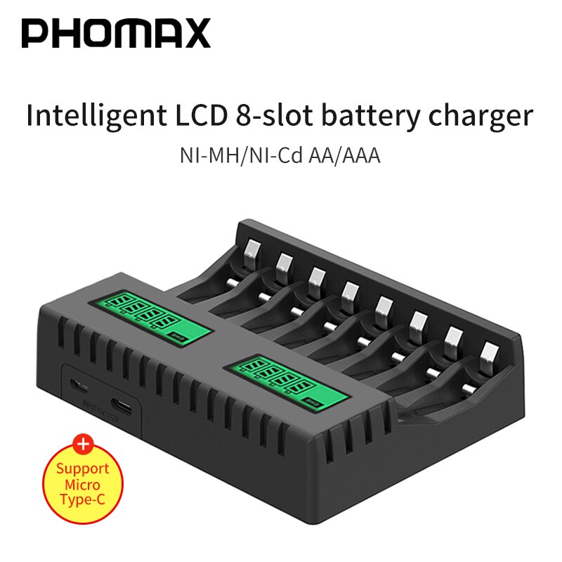 Phomax Lcd-scherm Smart Intelligent Battery Charger 8-Slot Draagbare Voor Aa/Aaa Nicd Nimh Oplaadbare Batterijen Aa aaa Lader
