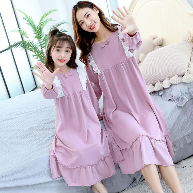 Moeder En Meisje Nachtjapon Kinderen Homewear Meisjes Kant Katoen Lange Mouwen Nachthemd Kids Slaap Jurk Voor Meisje kinderen Kleding