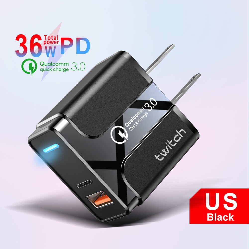 Twitch Quick Charge 3.0 18W PD USB Wall Charger for Samsung Xiaomi iPhone 11 Pro X Charging UK Adapter Fast Mobile Phone Charger: US Black