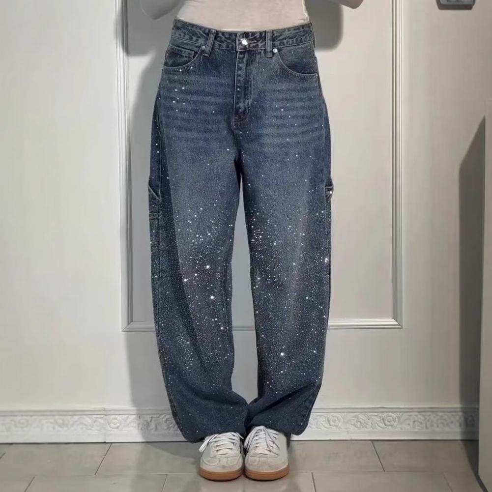 Elegante jeans med rhinsten kvinder løse lommer alsidige lynlås lav talje lige denimbukser kvinde forår dame streetwear