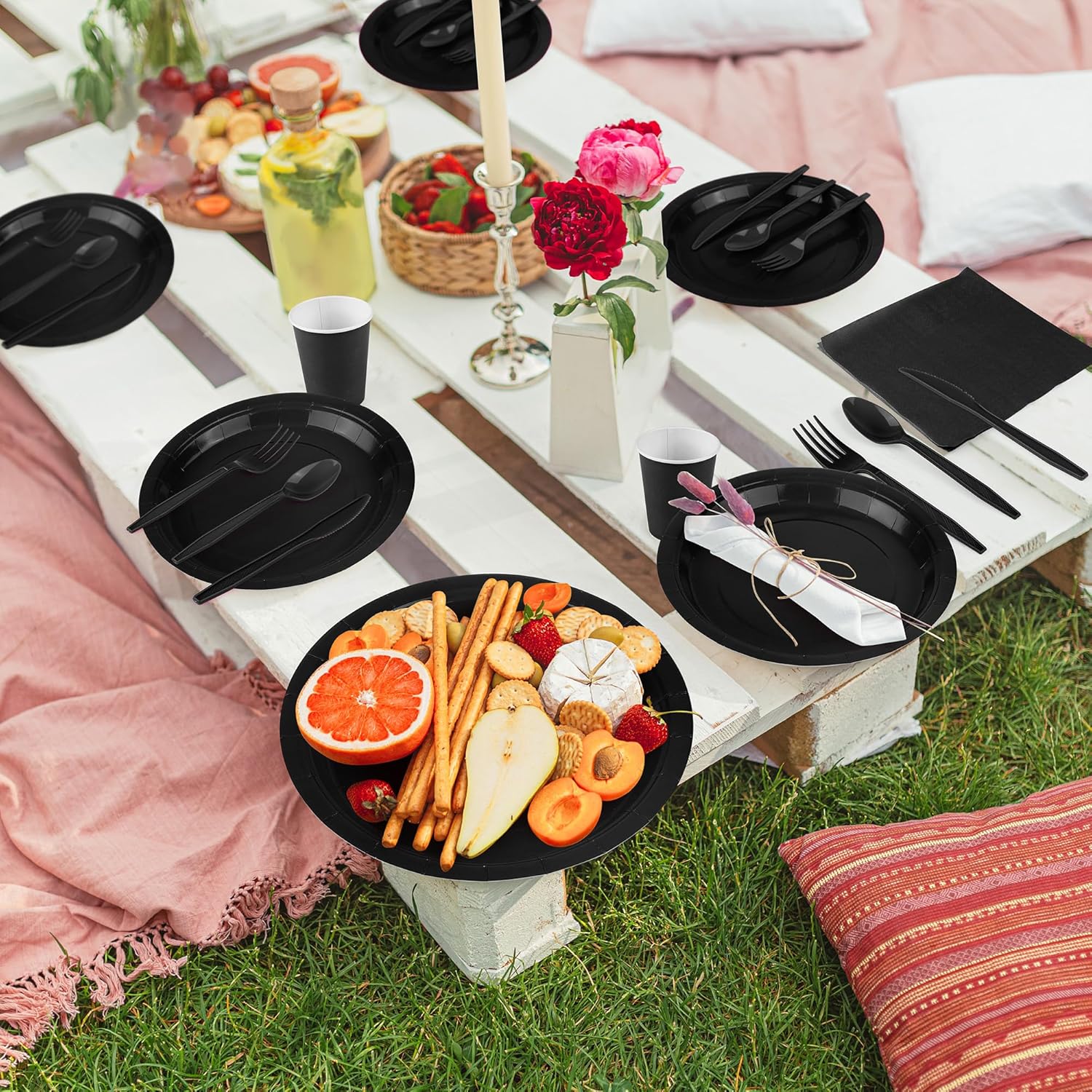 Suministros de negros, juego de vajilla desechable, platos, tazas, servilletas, bolsa, mantel para decoraciones para de cumpleaños y boda