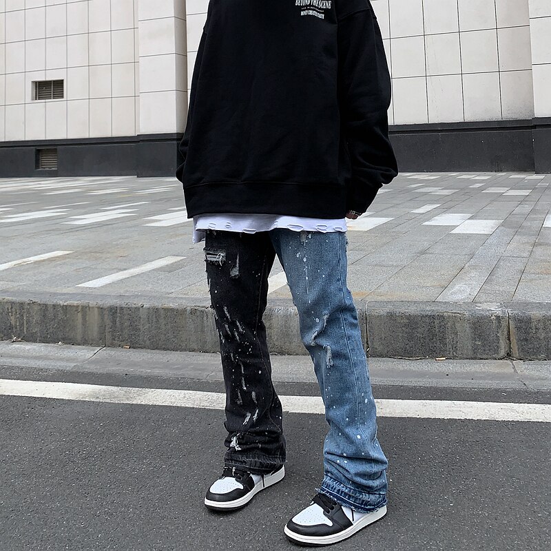 IEFB Color Block Hole Washed High Street Jeans For Men Straight Frayed Casual Denim Pants Harajuku Baggy Oversize Trousers Y5231