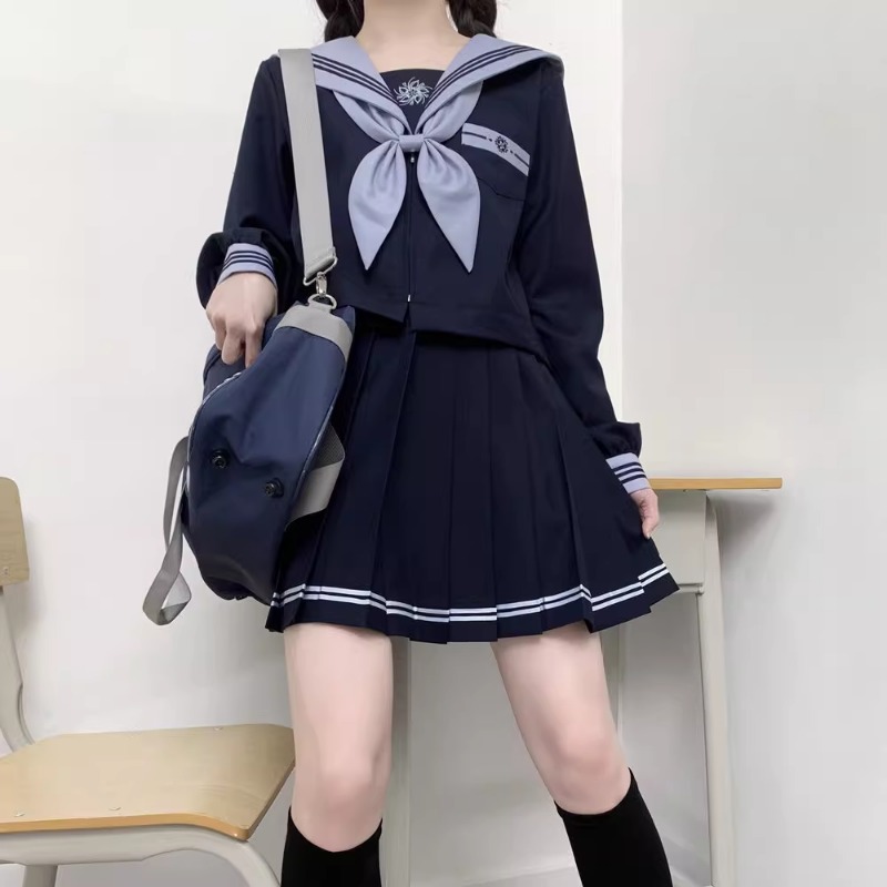 Japansk jk-uniform preppy-stil sjömansdräkt söt blå lång kortärmad topp med åtsittande midja och plisserad kjol för flicka